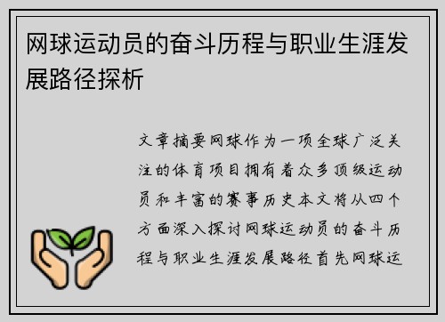 网球运动员的奋斗历程与职业生涯发展路径探析